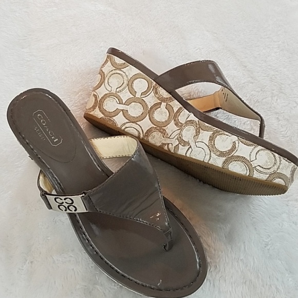 Coach Shoes - Coach Jan Sz 6.5 Logo Grey Patent Wedge Sandals